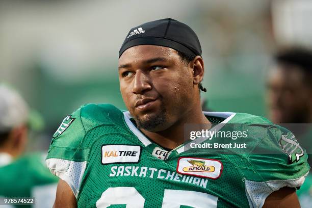 Terran Vaughn of the Saskatchewan Roughriders on the sideline during the game between the Toronto Argonauts and Saskatchewan Roughriders at Mosaic...