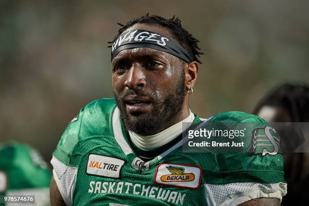 Willie Jefferson of the Saskatchewan Roughriders on the sideline during the game between the Toronto Argonauts and Saskatchewan Roughriders at Mosaic...