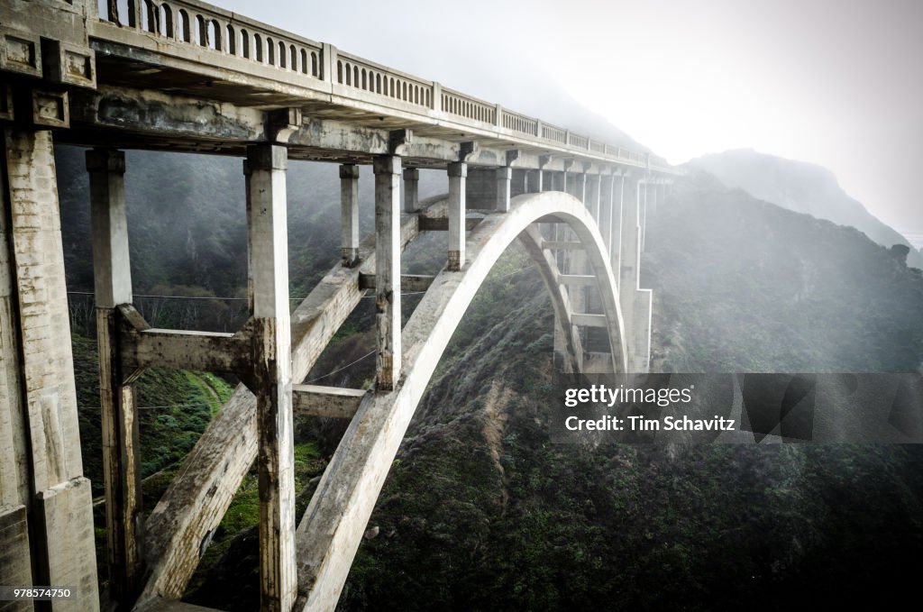 Bixby Creek Bridge in fog, Big Sur, Monterey County, California, USA