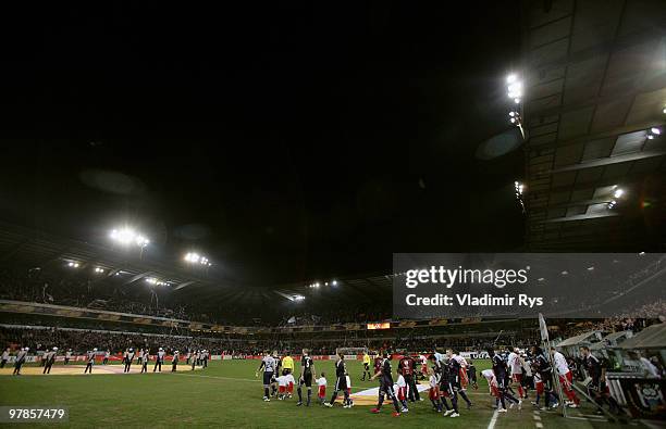 Teams enter the pitch ahead the UEFA Europa League round of 16 second leg match between RSC Anderlecht and Hamburger SV at Constant Vanden Stock...