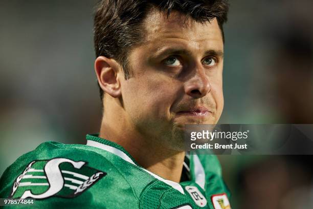 Zach Collaros of the Saskatchewan Roughriders on the sideline during the game between the Toronto Argonauts and Saskatchewan Roughriders at Mosaic...