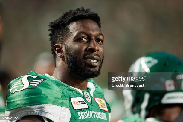 Devon Bailey of the Saskatchewan Roughriders on the sideline during the game between the Toronto Argonauts and Saskatchewan Roughriders at Mosaic...