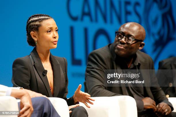 Thandie Newton and Edward Enninful speak onstage during the HP and Omnicom Group session at the Cannes Lions Festival 2018 on June 19, 2018 in...