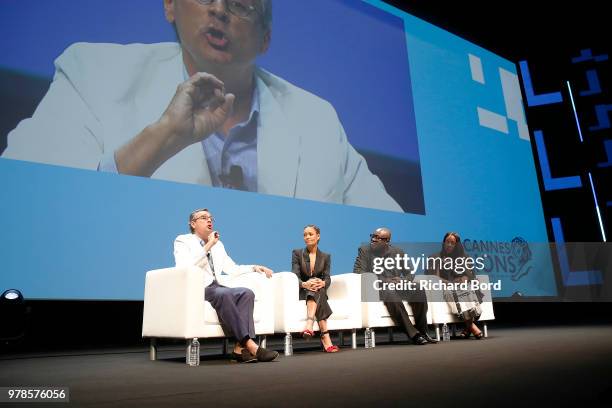 Antonio Lucio, Thandie Newton, Edward Enninful and Tiffany R. Warren speak onstage during the HP and Omnicom Group session at the Cannes Lions...