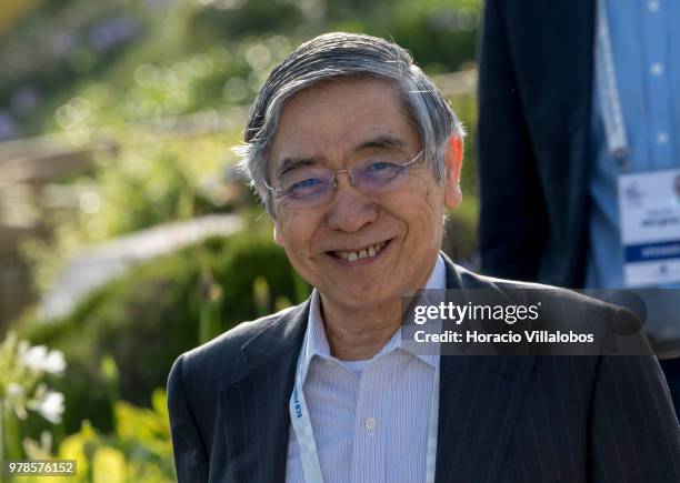 Governor of Bank of Japan Haruhiko Kuroda arrives to participate in the first discussion session of the ECB Forum on Central Banking, on June 19,...