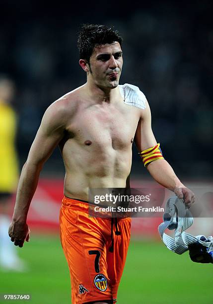 David Villa of Valencia after the UEFA Europa League round of 16 second leg match between SV Werder Bremen and Valencia at Weser Stadium on March 18,...