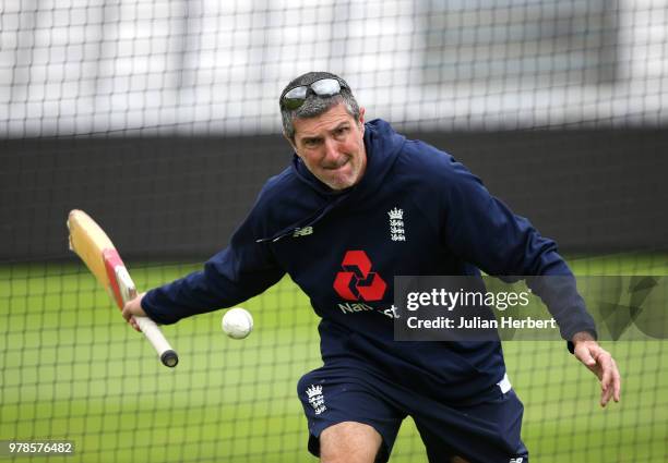 Mark Robinson, England Women's National Team Coach, takes part in a training session at The Cooper Associates County Ground on June 19, 2018 in...