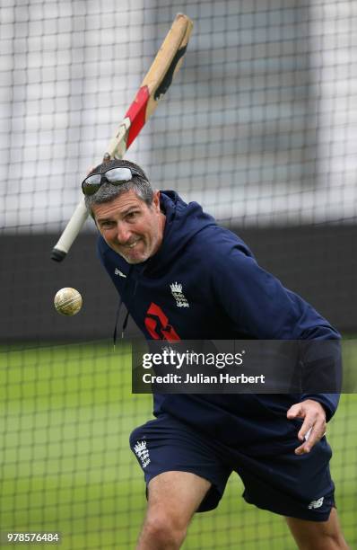 Mark Robinson, England Women's National Team Coach, takes part in a training session at The Cooper Associates County Ground on June 19, 2018 in...