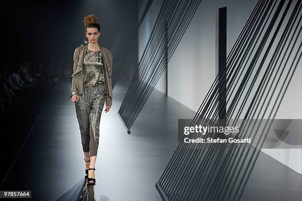 Model showcases designs on the catwalk by Scanlan & Theodore as part of L'Oreal Paris Runway 7 on the fifth day of the 2010 L'Oreal Melbourne Fashion...