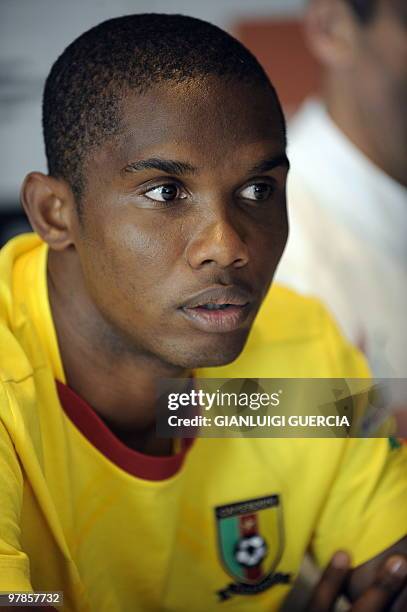 Samuel Eto'o Captain of Cameroon's national football team answers questions during a press conference on the eve of their group stage match against...