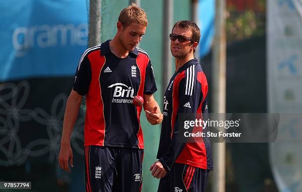 England player Graeme Swann chats to Stuart Broad during England nets at Shere-e-Bangla National Stadium on March 19, 2010 in Dhaka, Bangladesh.