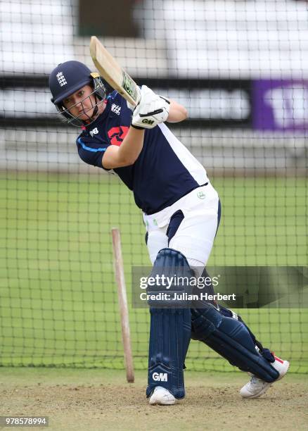 Sarah Taylor of England takes part in a training session at The Cooper Associates County Ground on June 19, 2018 in Taunton, England.