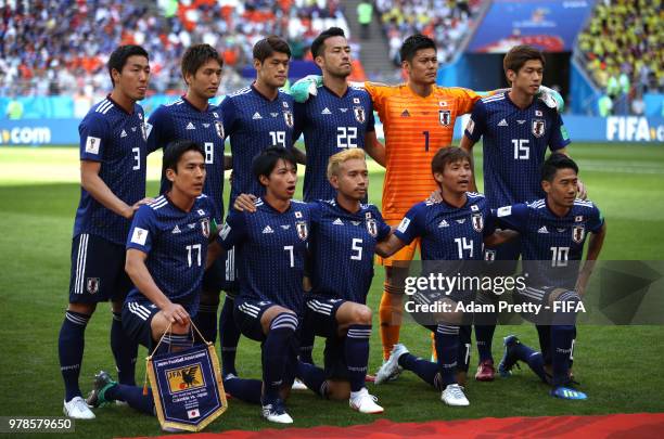 The Japan team pose for ay team photo prior to the 2018 FIFA World Cup Russia group H match between Colombia and Japan at Mordovia Arena on June 19,...