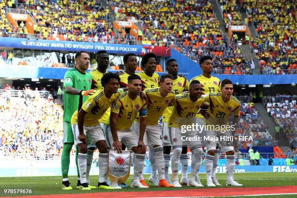 Colombia team lines up prior to the 2018 FIFA World Cup Russia group H match between Colombia and Japan at Mordovia Arena on June 19, 2018 in...