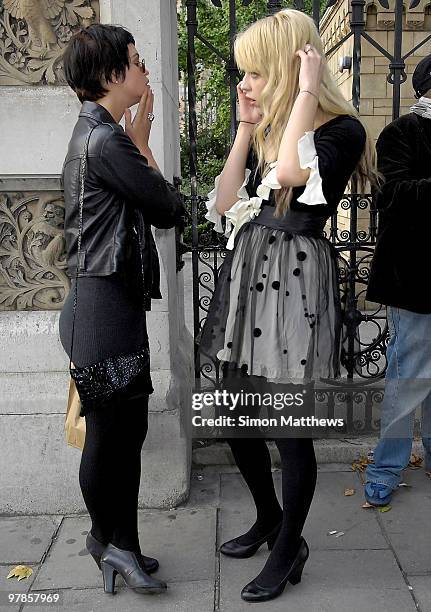 Pixie Geldof and Peaches Geldof are seen during London Fashion Week on September 14, 2008 in London, England.