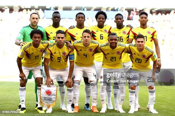 Colombia team lines up prior to the 2018 FIFA World Cup Russia group H match between Colombia and Japan at Mordovia Arena on June 19, 2018 in...