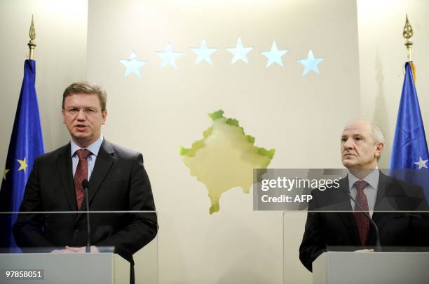 Enlargement Commissioner Stefan Fuele speaks during a joint press conference with Kosovo's President Fatmir Sejdiu in Pristina on March 19, 2010....