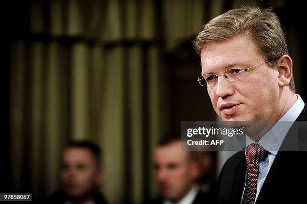 Enlargement Commissioner Stefan Fuele speaks during a joint press conference with Kosovo's President Fatmir Sejdiu in Pristina on March 19, 2010....