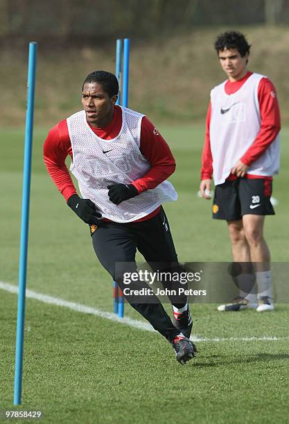 Antonio Valencia of Manchester United in action during a First Team Training Session at Carrington Training Ground on March 19 2010 in Manchester,...