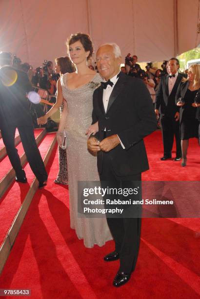 Actress Julia Roberts and designer Giorgio Armani attend the Metropolitan Museum of Art Costume Institute Gala "Superheroes: Fashion And Fantasy" at...