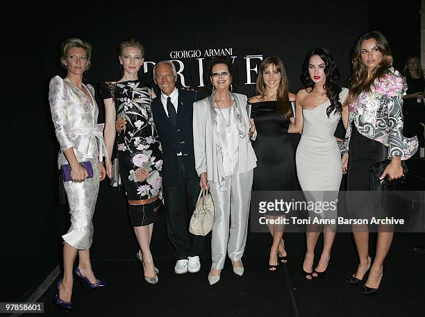 Mafalda Von Hesse, Cate Blanchett, Giorgio Armani, Claudia Cardinale, Elsa Pataky, Megan Fox, and Saskia Smutniak pose backstage during the Giorgio...