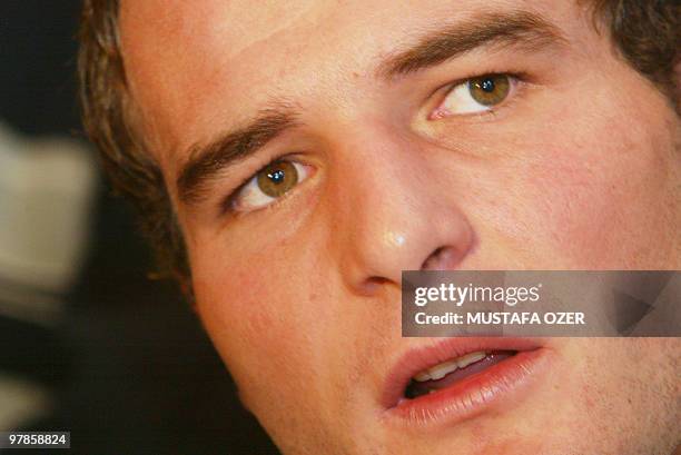 Switzerland`s striker Alexander Frei speaks to the press, 15 November 2005, during a press conference in Istanbul before tomorrow`s World Cup 2006...