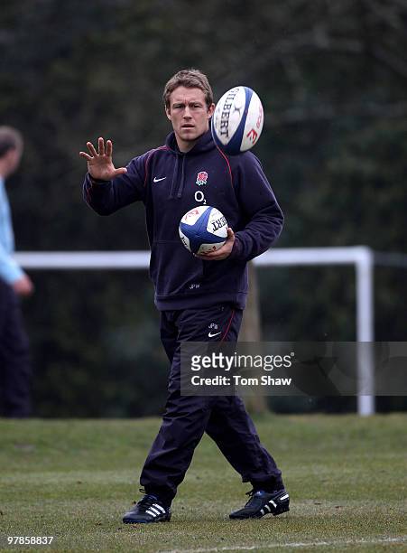 Jonny Wilkinson of England looks on during the England training session at Pennyhill Park on March 19, 2010 in Bagshot, England.
