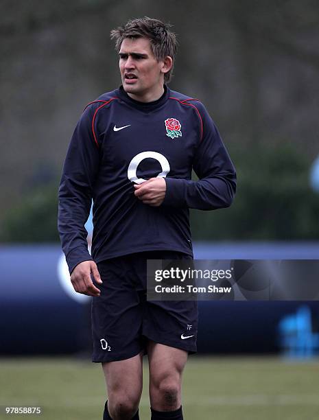 Toby Flood of England looks on during the England training session at Pennyhill Park on March 19, 2010 in Bagshot, England.