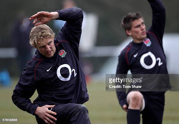 Lewis Moody of England warms up during the England training session at Pennyhill Park on March 19, 2010 in Bagshot, England.