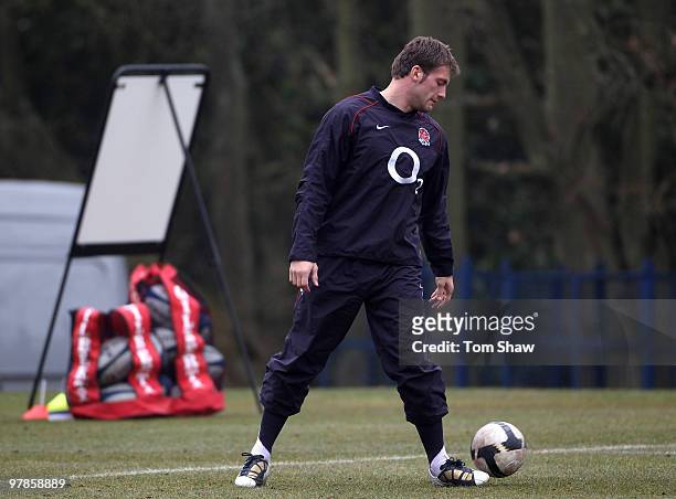 Mark Cueto of England warms up during the England training session at Pennyhill Park on March 19, 2010 in Bagshot, England.