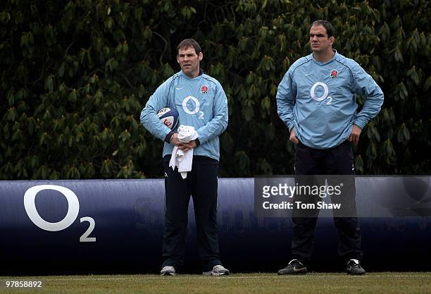 Martin Johnson the England team Manager looks on during the England training session at Pennyhill Park on March 19, 2010 in Bagshot, England.
