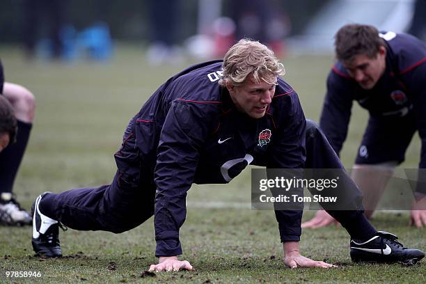 Lewis Moody of England warms up during the England training session at Pennyhill Park on March 19, 2010 in Bagshot, England.