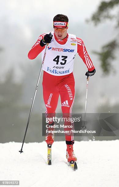 Dario Cologna of Switzerland competes in the men's 3,3 km Cross Country Skiing during the FIS World Cup on March 19, 2010 in Falun, Sweden.