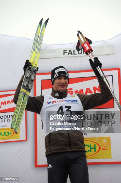 Dario Cologna of Switzerland reacts after the men's 3,3 km Cross Country Skiing during the FIS World Cup on March 19, 2010 in Falun, Sweden.