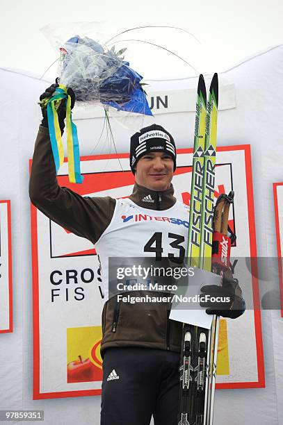 Dario Cologna of Switzerland reacts after winning the men's 3,3 km Cross Country Skiing during the FIS World Cup on March 19, 2010 in Falun, Sweden.