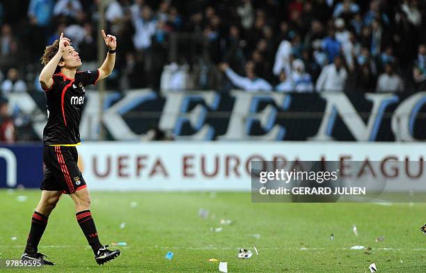 Benfica's brazilian defender David Luiz celebrates at the end of the Europa League football match Marseille vs Lisbon Benfica, on March 18, 2010 at...