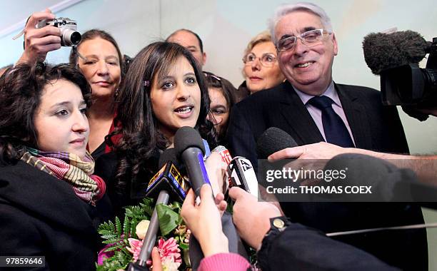 Najlae Lhimer a Moroccan high school student recently expelled from France as an illegal immigrant answers journalists' questions eyed by head of...