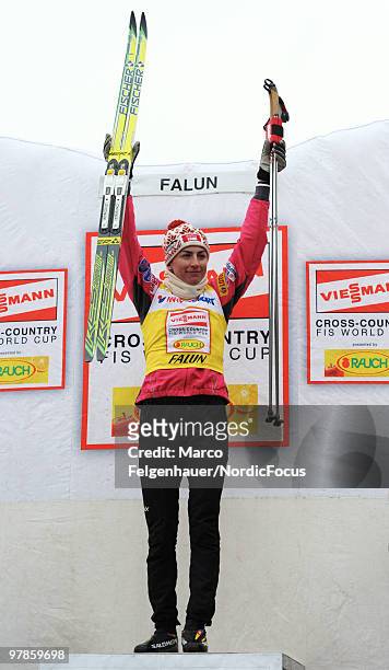 Justyna Kowalczyk of Poland celebrates after the women's 2,5 km Cross Country Skiing during the FIS World Cup on March 19, 2010 in Falun, Sweden.