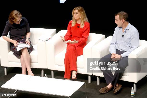 Kirsty Wark, Ellen Pompeo and Richard Edelman speak onstage during the Edelman session at the Cannes Lions Festival 2018 on June 19, 2018 in Cannes,...