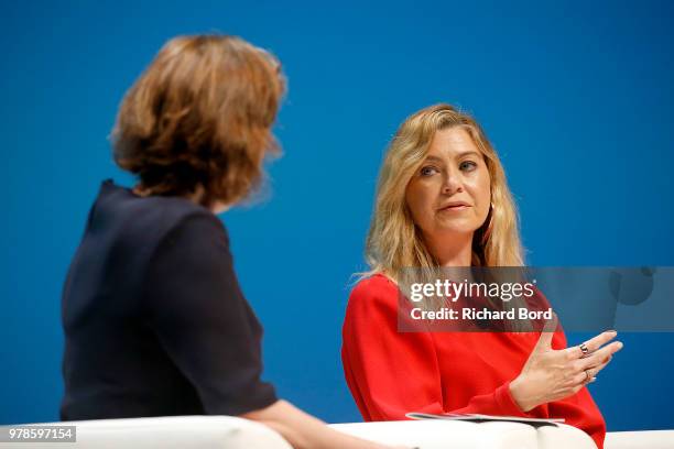 Kirsty Wark and Ellen Pompeo speak onstage during the Edelman session at the Cannes Lions Festival 2018 on June 19, 2018 in Cannes, France.