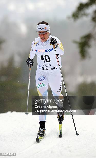 Charlotte Kalla of Sweden competes in the women's 2,5 km Cross Country Skiing during the FIS World Cup on March 19, 2010 in Falun, Sweden.