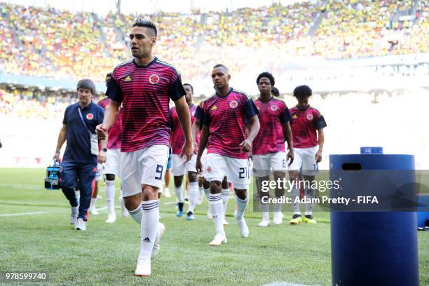 Falcao leads the team after warm up prior to the 2018 FIFA World Cup Russia group H match between Colombia and Japan at Mordovia Arena on June 19,...