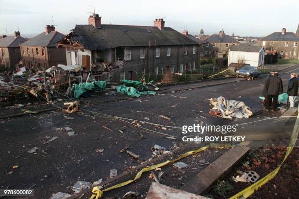 View taken 22 December 1988 of the scene of devastation caused by the explosion of a 747 Pan Am Jumbo jet over Lockerbie, that crashed 21 December on...