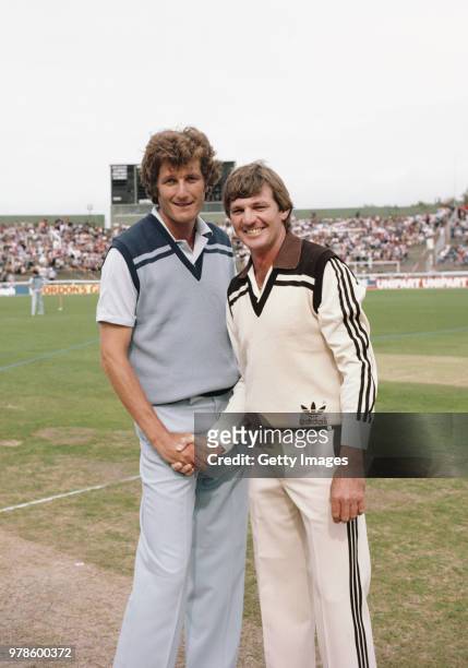 England captain Bob Willis pictured with New Zealand captain Geoff Howarth before the 1st One Day International match at Lancaster Park on February...