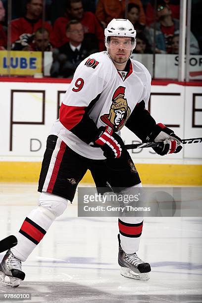 Milan Michalek of the Ottawa Senators skates against the Calgary Flames on March 11, 2010 at Pengrowth Saddledome in Calgary, Alberta, Canada. The...