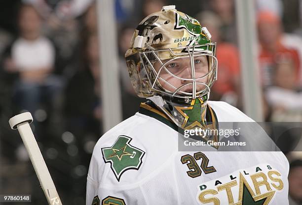 Kari Lehtonen of the Dallas Stars tends goal against the Philadelphia Flyers on March 18, 2010 at the American Airlines Center in Dallas, Texas.