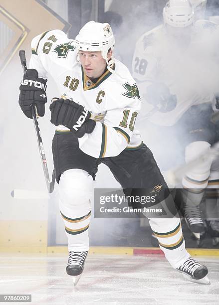 Brenden Morrow of the Dallas Stars skates onto the ice against the Philadelphia Flyers on March 18, 2010 at the American Airlines Center in Dallas,...