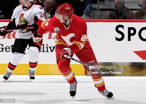 David Moss of the Calgary Flames skates against the Ottawa Senators on March 11, 2010 at Pengrowth Saddledome in Calgary, Alberta, Canada. The Flames...