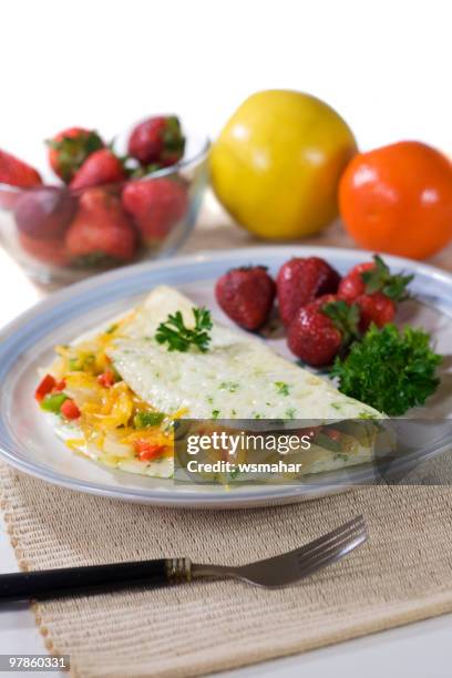 vegetable egg white omelet with fresh fruit - egg white omelet stock pictures, royalty-free photos & images