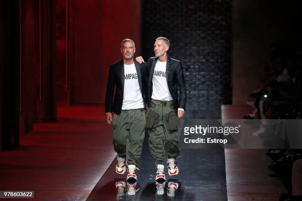 Fashion designers Dean & Dan Caten at the Dsquared2 show during Milan Men's Fashion Week Spring/Summer 2019 on June 17, 2018 in Milan, Italy.